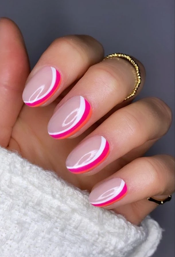 press on nails medium almond hot Pink with irrideecent powder  eBay