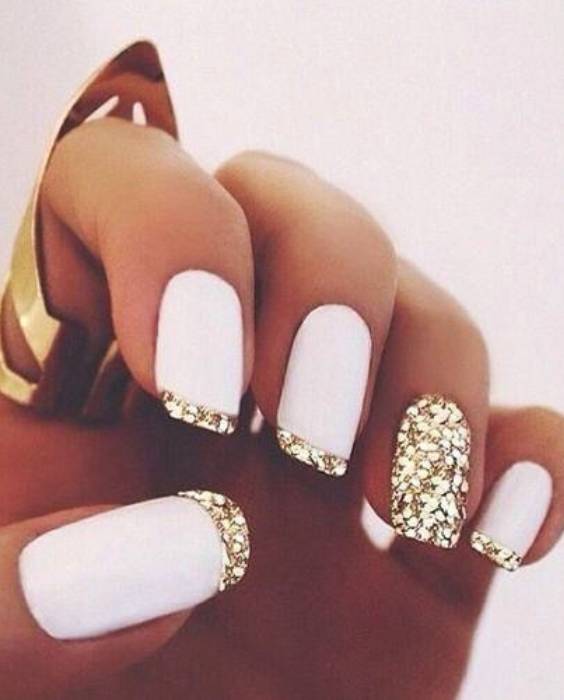 White Nails With Design On Ring Finger