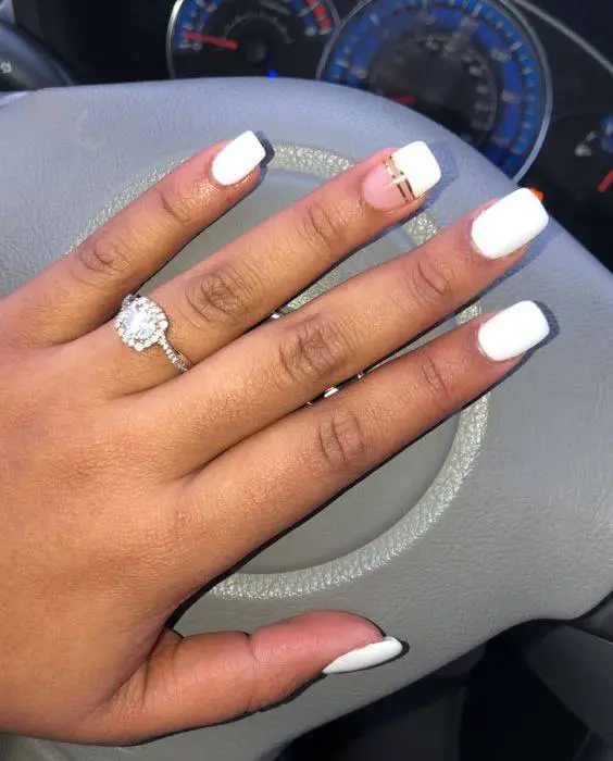 White Nails With Design On Ring Finger